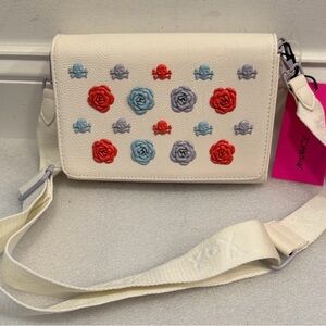 Betsey Johnson White Crossbody with Red, Blue & Purple Rose and Skull Studs